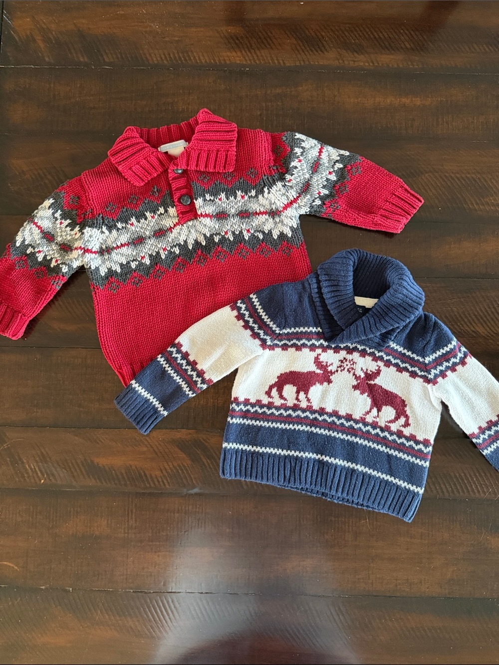 Red Fair Isle Knit Sweater and Blue Swater with Moose Motif